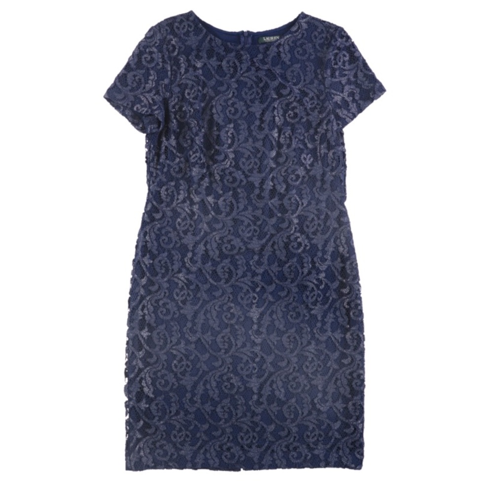 Lauren Ralph Lauren Women’s Christiana Dress 16 Navy Blue Floral Sheath Cocktail